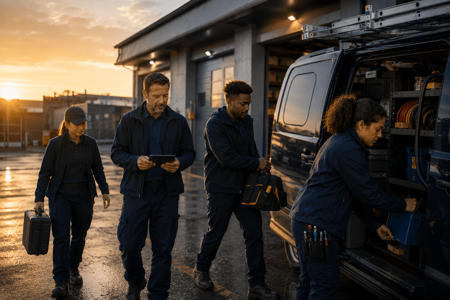 A contracting crew loads the vans at dawn