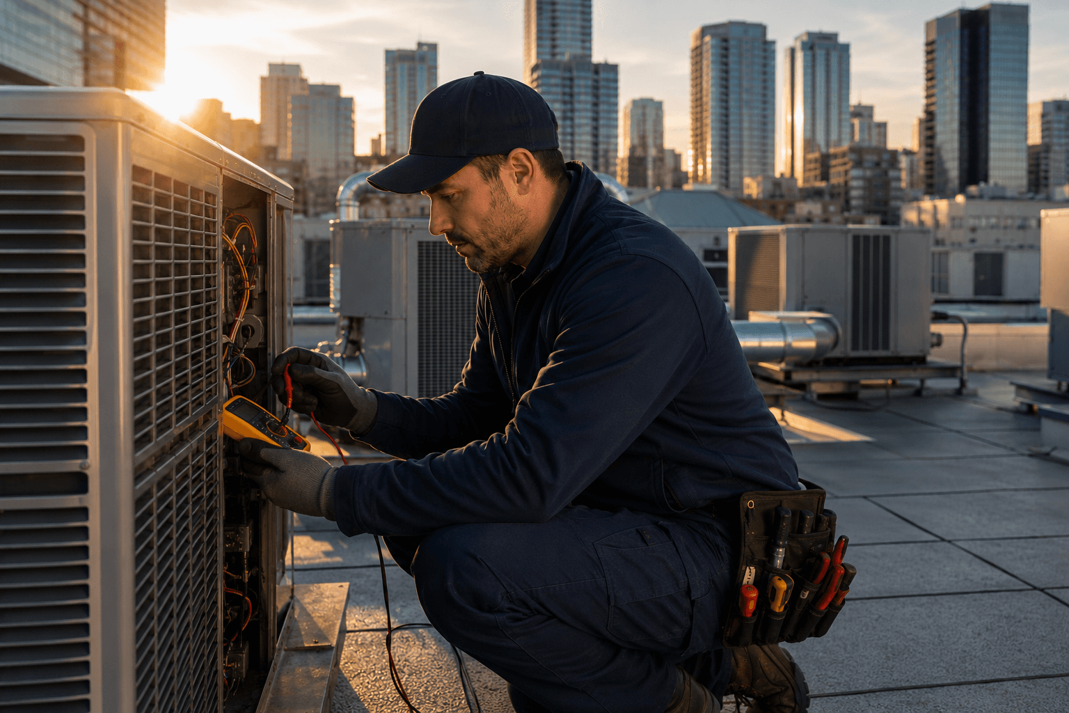 An HVAC technician services a rooftop air-conditioning unit