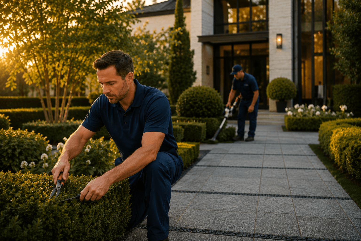 Two landscapers trim hedges outside a home