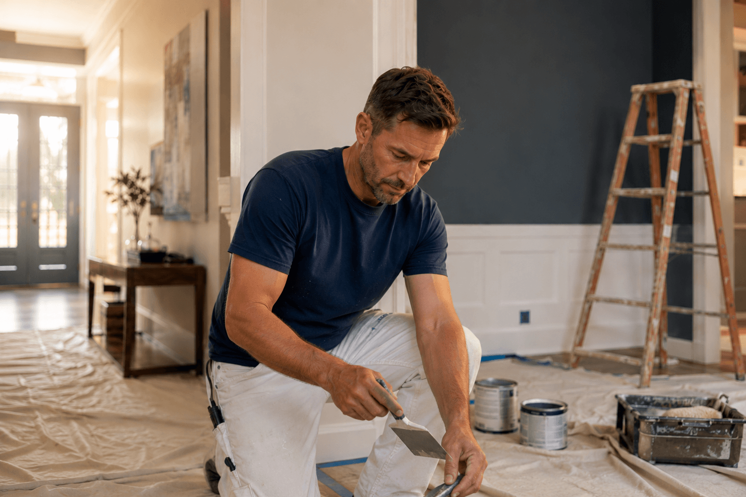 A painter prepares a wall inside a home