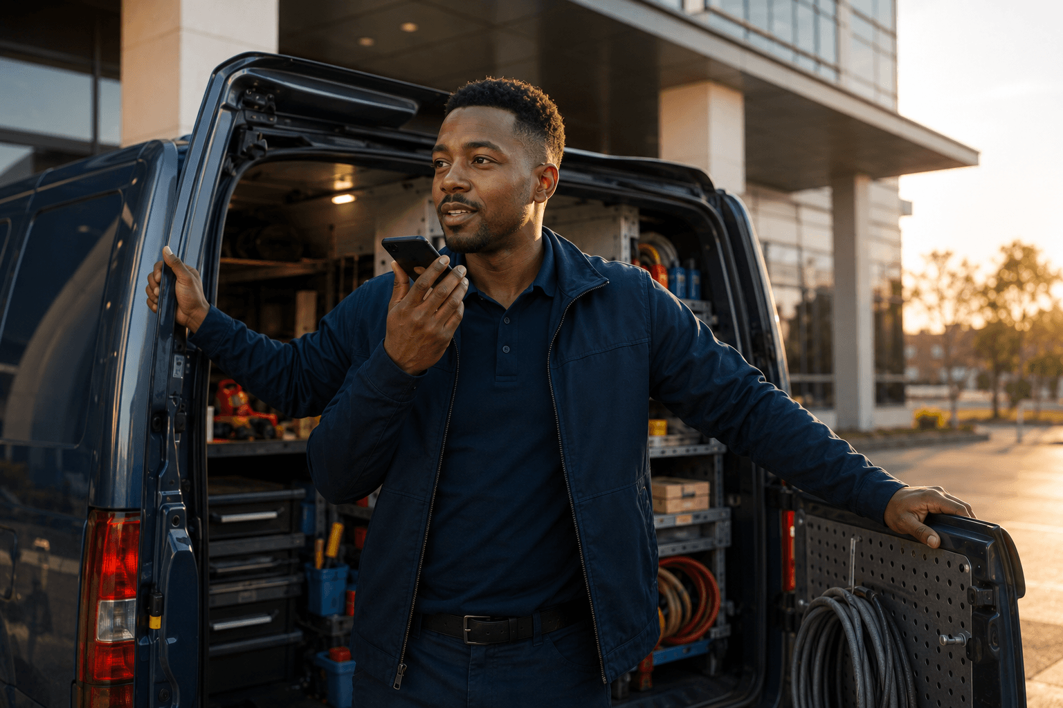 A contractor speaks into a phone beside a service van