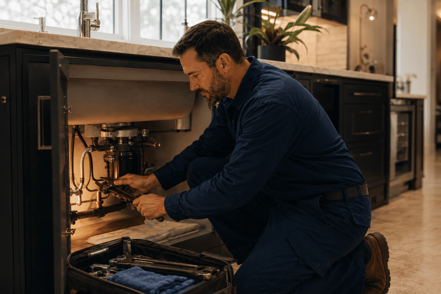 A contractor works a job alone, tools in hand