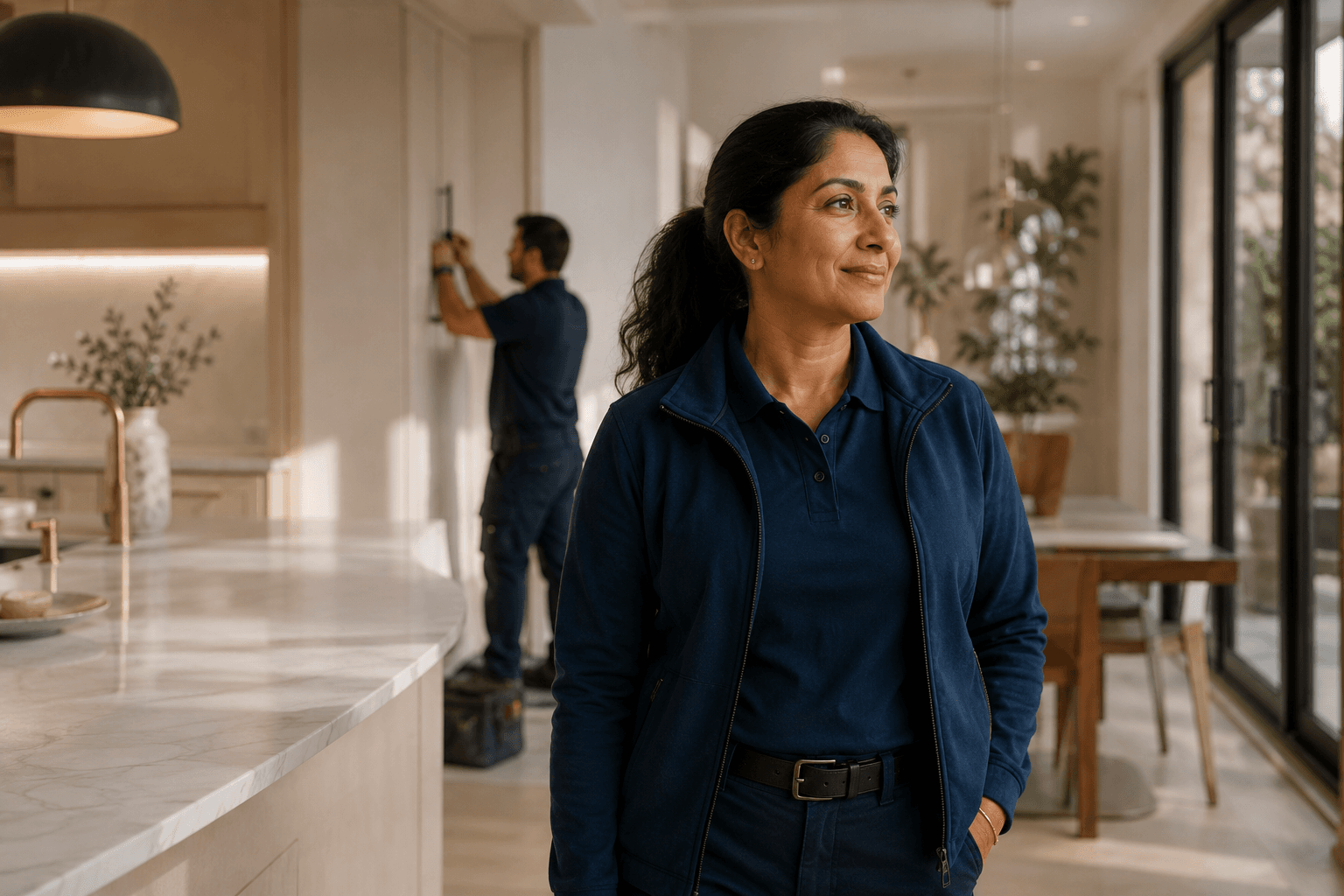 A contractor team works inside a customer's kitchen