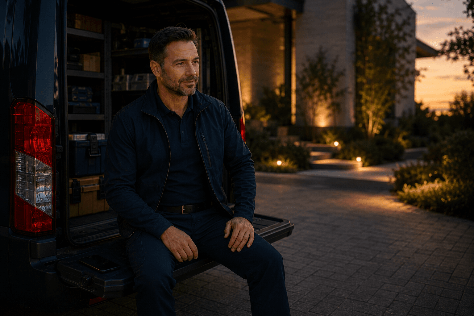 A contractor rests at the back of a service van at dusk
