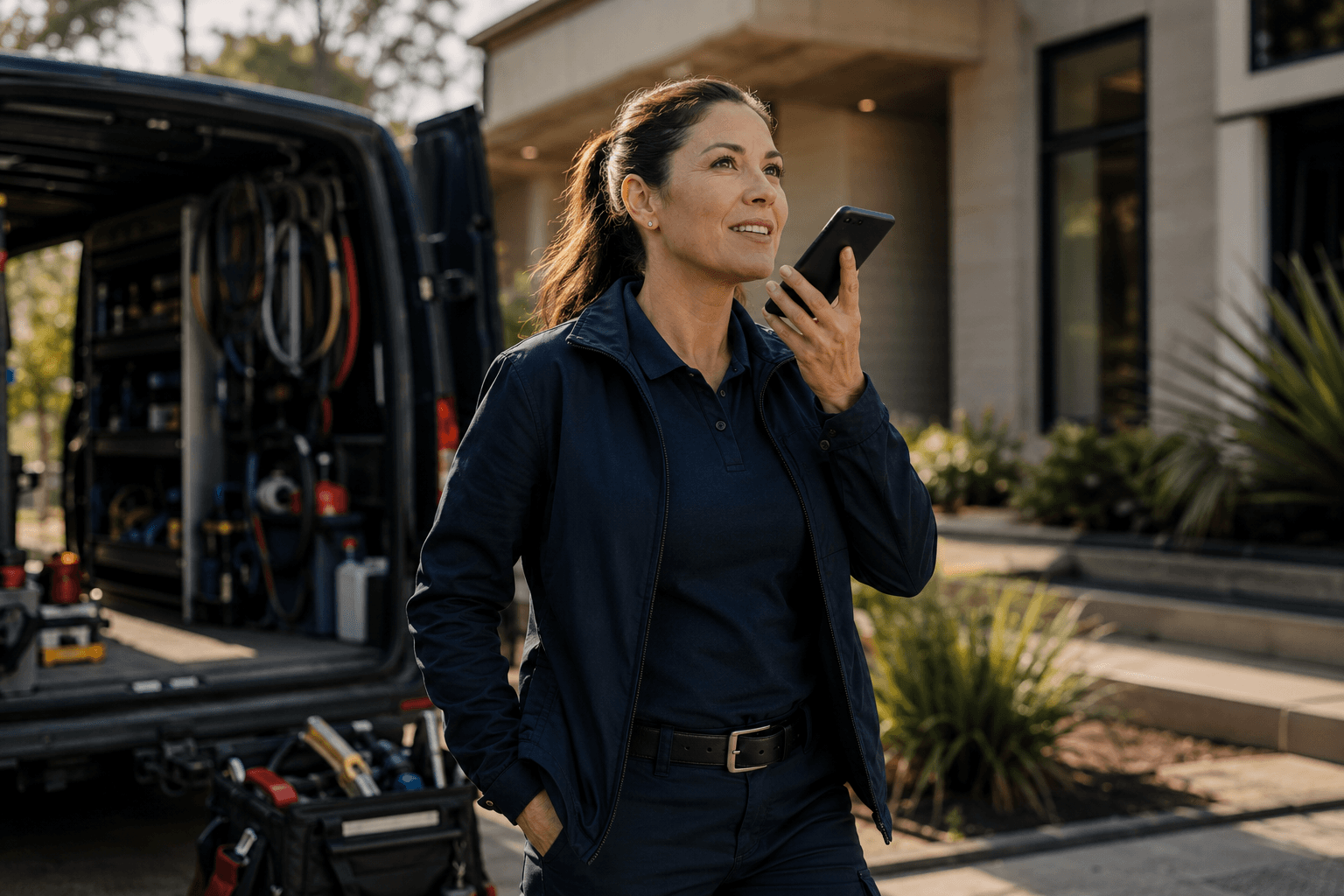 A contractor speaks on a phone beside a service van