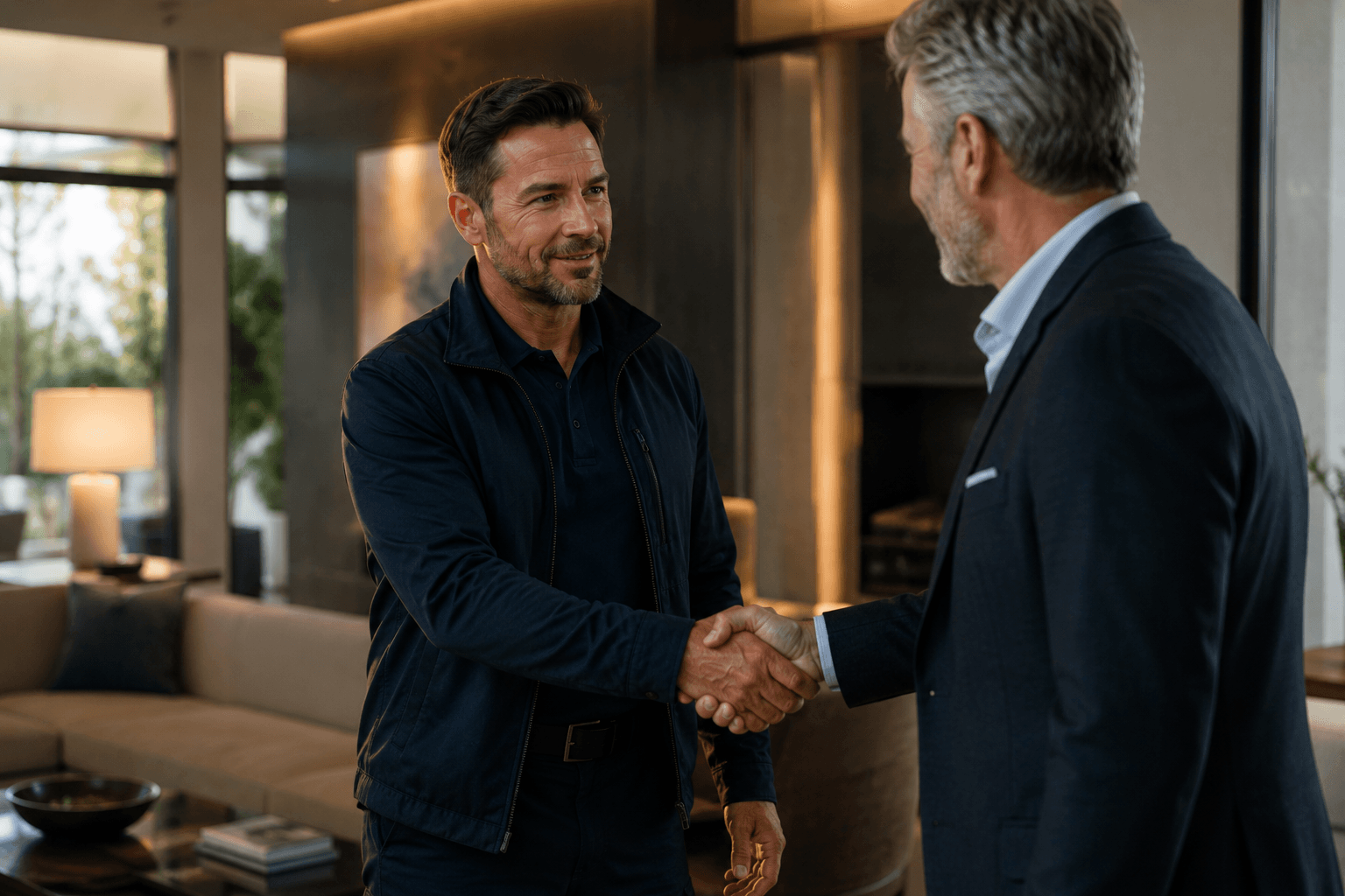 A contractor greets a customer at their home