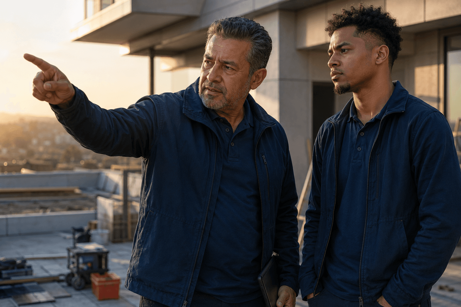 Two contractors review work on a rooftop