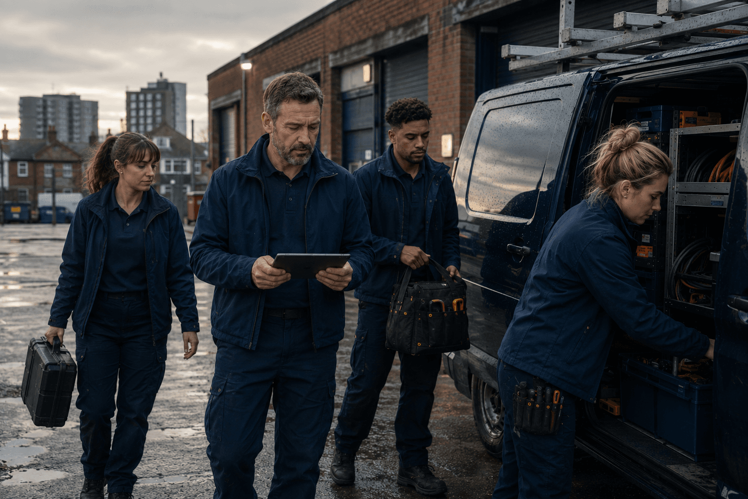 A contractor crew prepares tools beside a service van at dawn