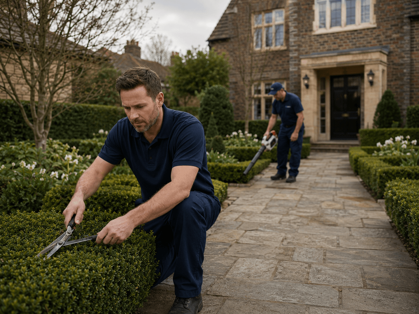 Two landscapers trim hedges outside a home