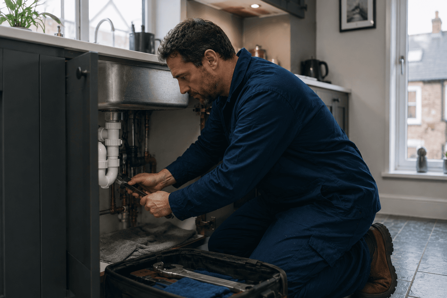 A plumber repairs pipes beneath a kitchen sink