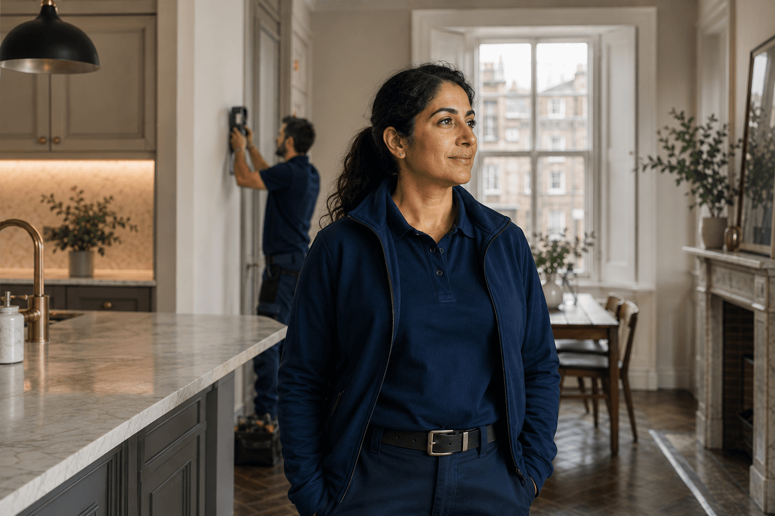 A contractor team works inside a customer's kitchen