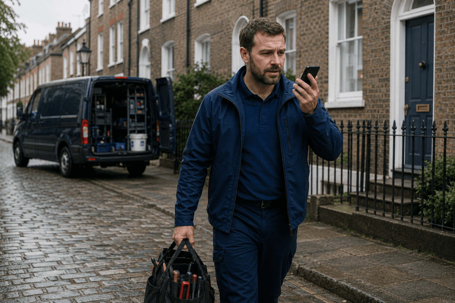 A contractor speaks on a phone while carrying a tool bag