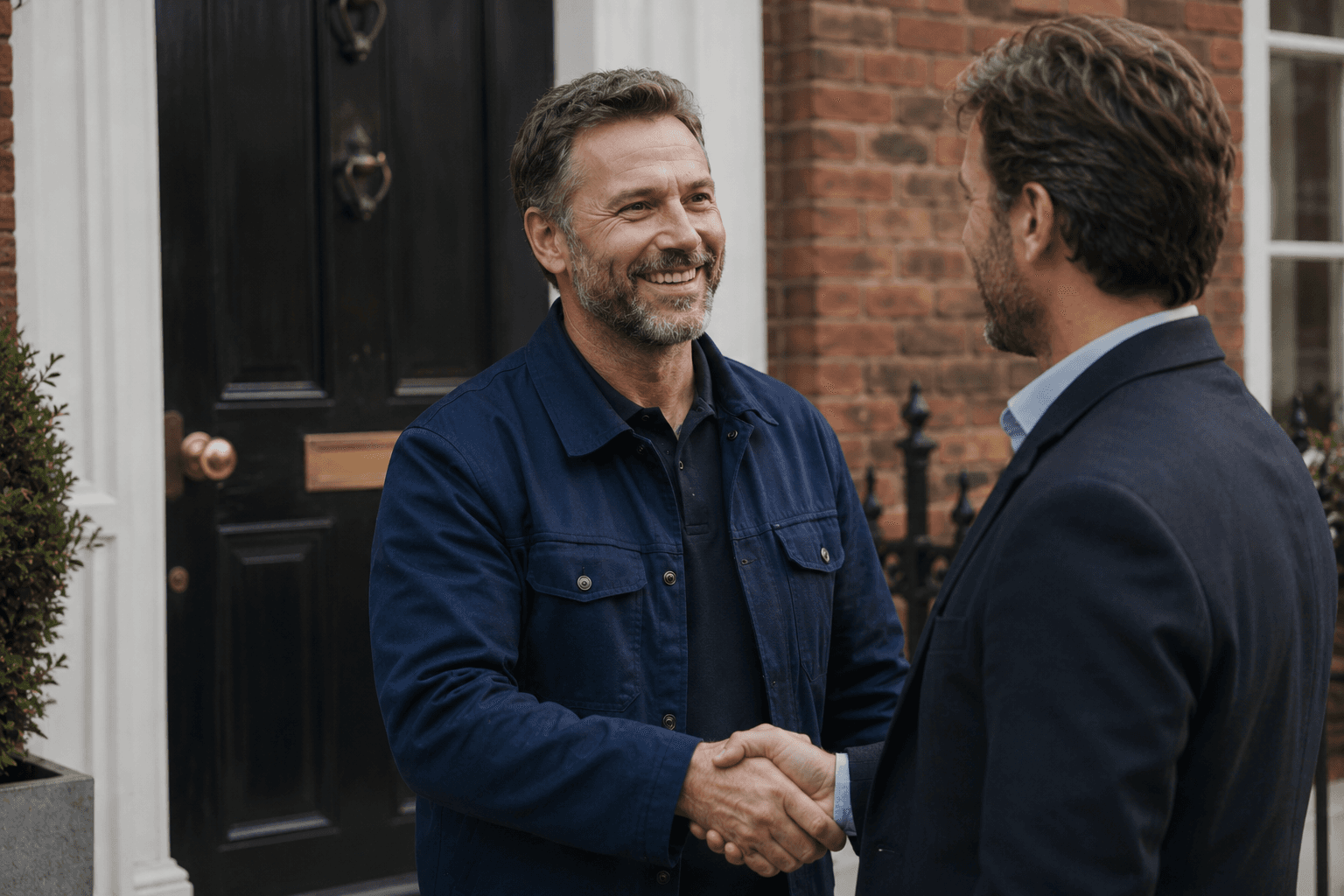 A contractor greets a customer at their home