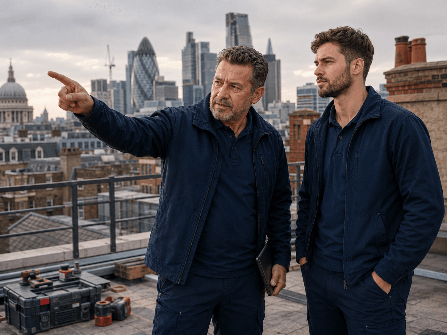Two contractors review work on a rooftop