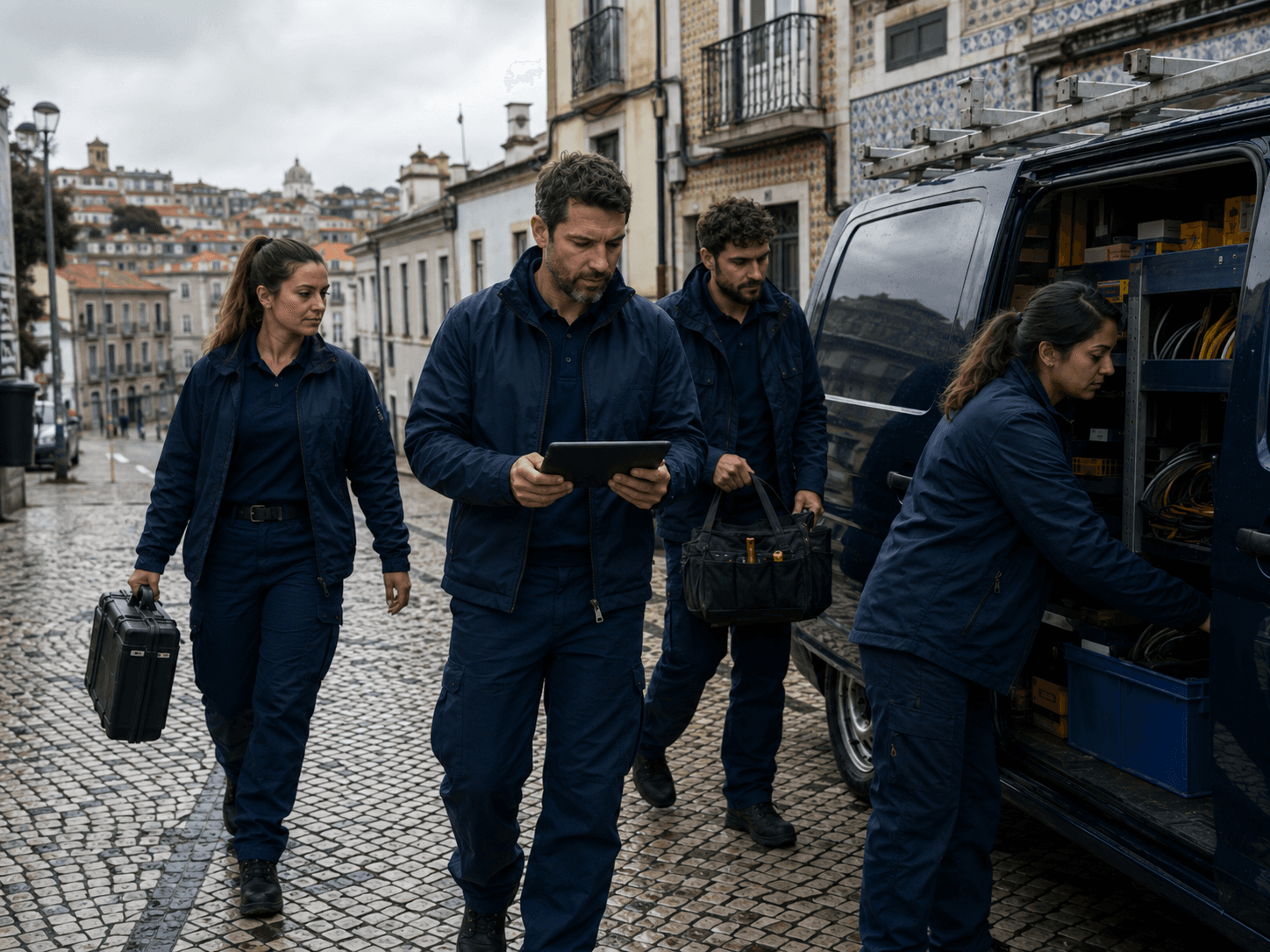 Uma equipa de profissionais prepara as ferramentas junto a uma carrinha de serviço ao amanhecer