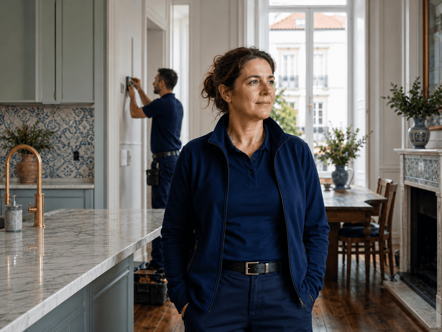 Uma equipa de profissionais trabalha na cozinha de um cliente