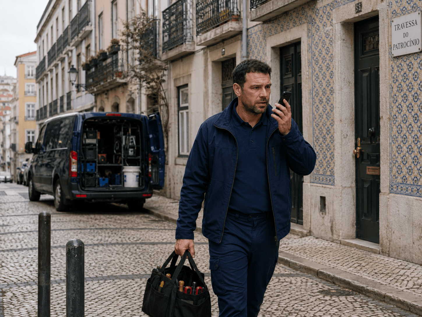 Um profissional fala ao telefone enquanto transporta uma mala de ferramentas