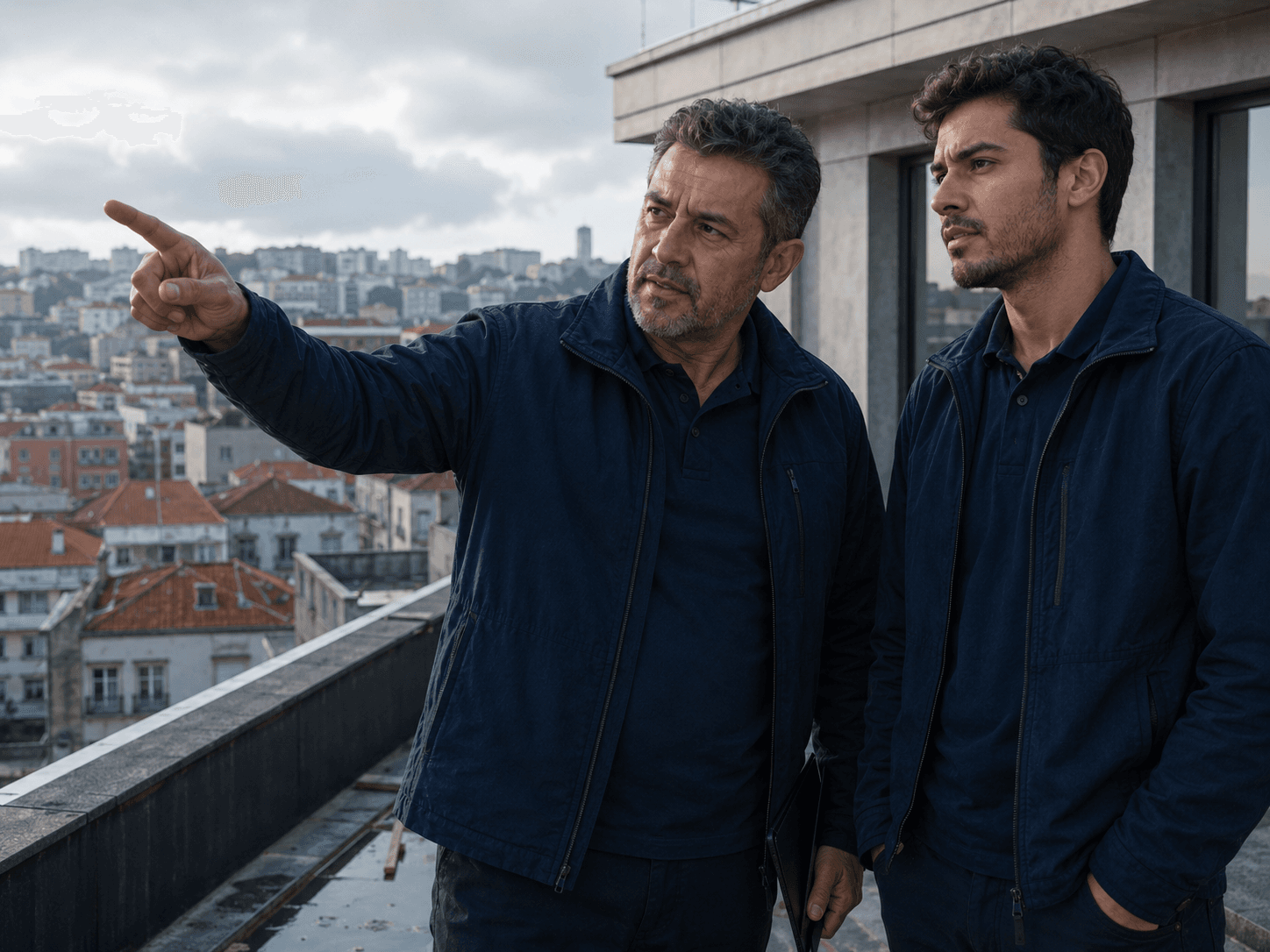 Dois profissionais analisam um trabalho num telhado