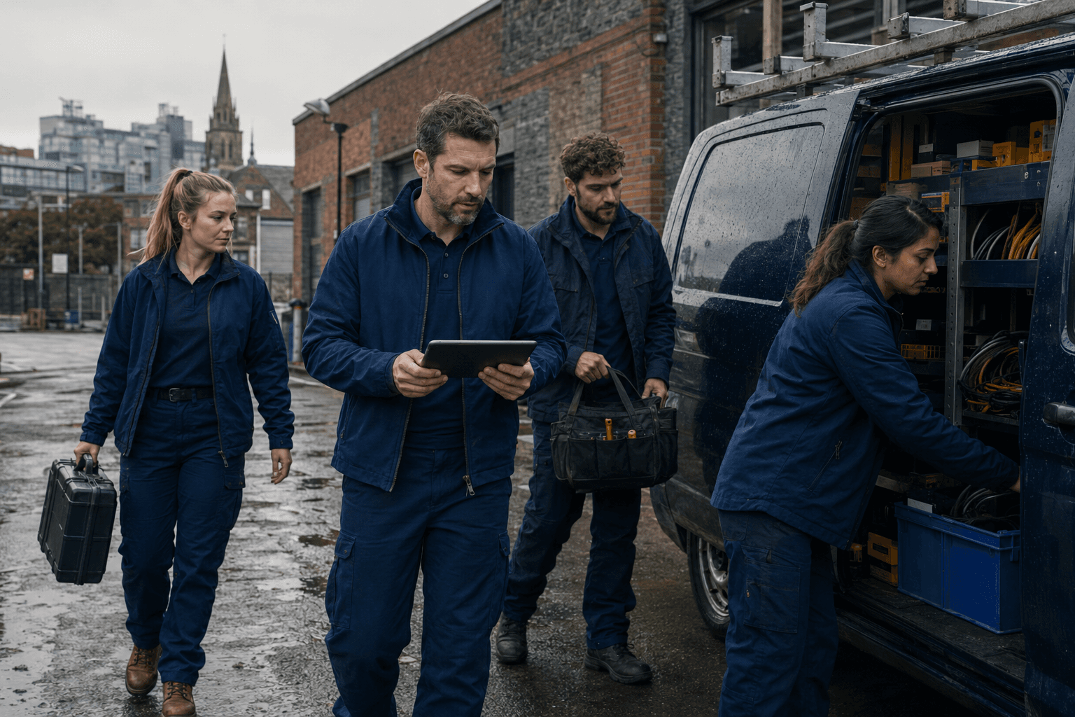 A contractor crew prepares tools beside a service van at dawn