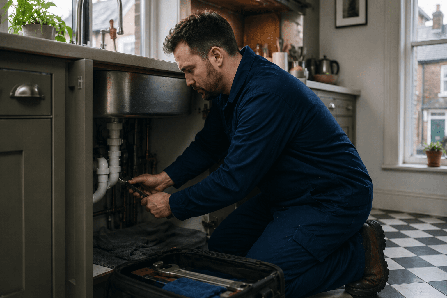 A plumber repairs pipes beneath a kitchen sink
