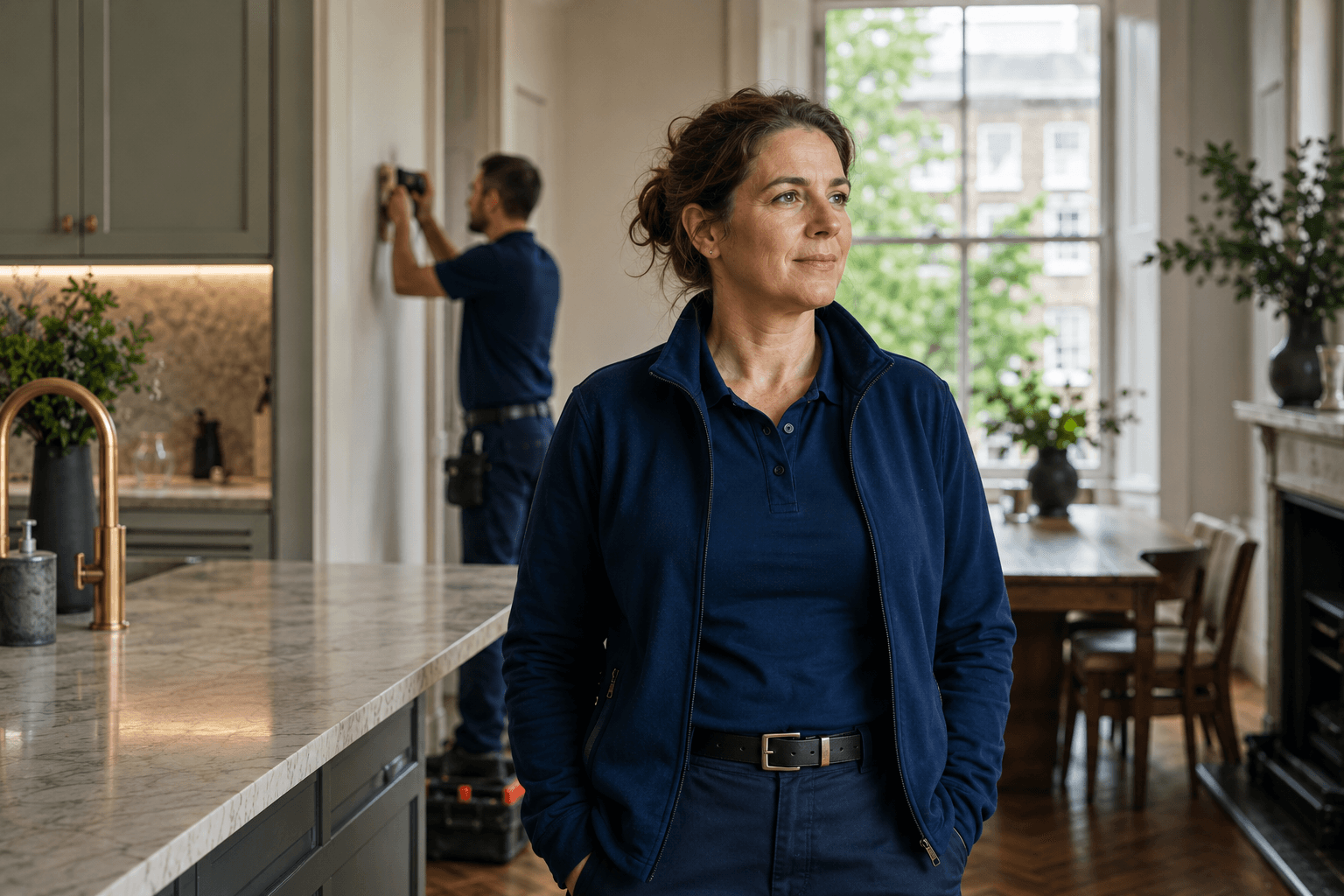 A contractor team works inside a customer's kitchen