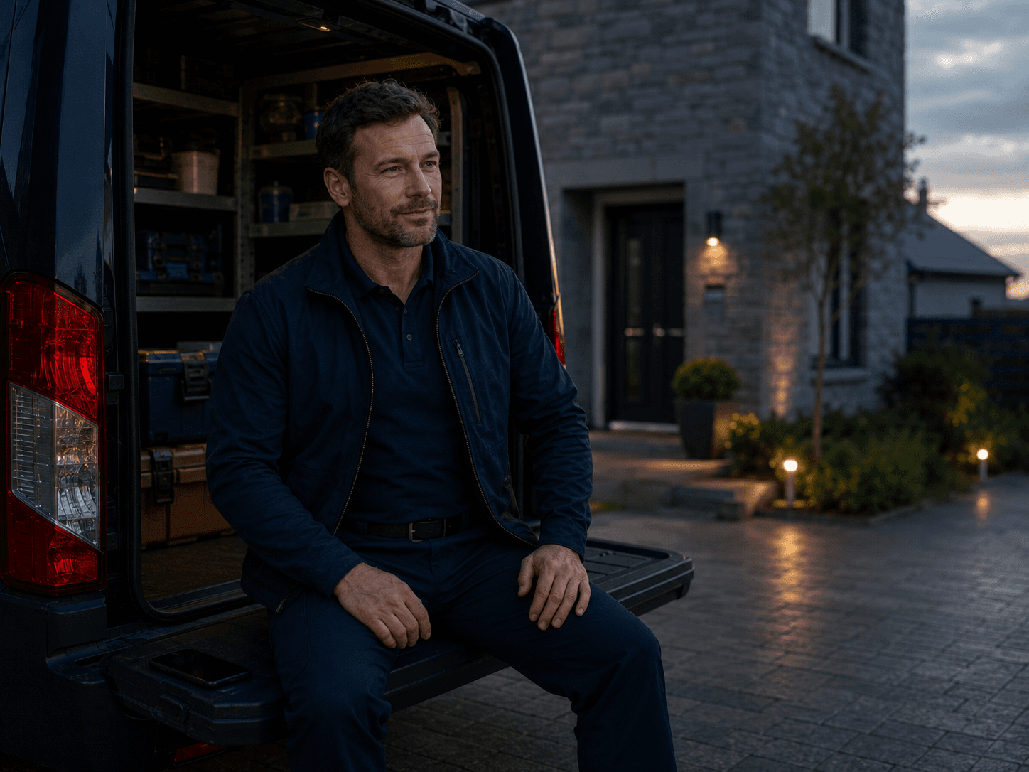A contractor rests at the back of a service van at dusk