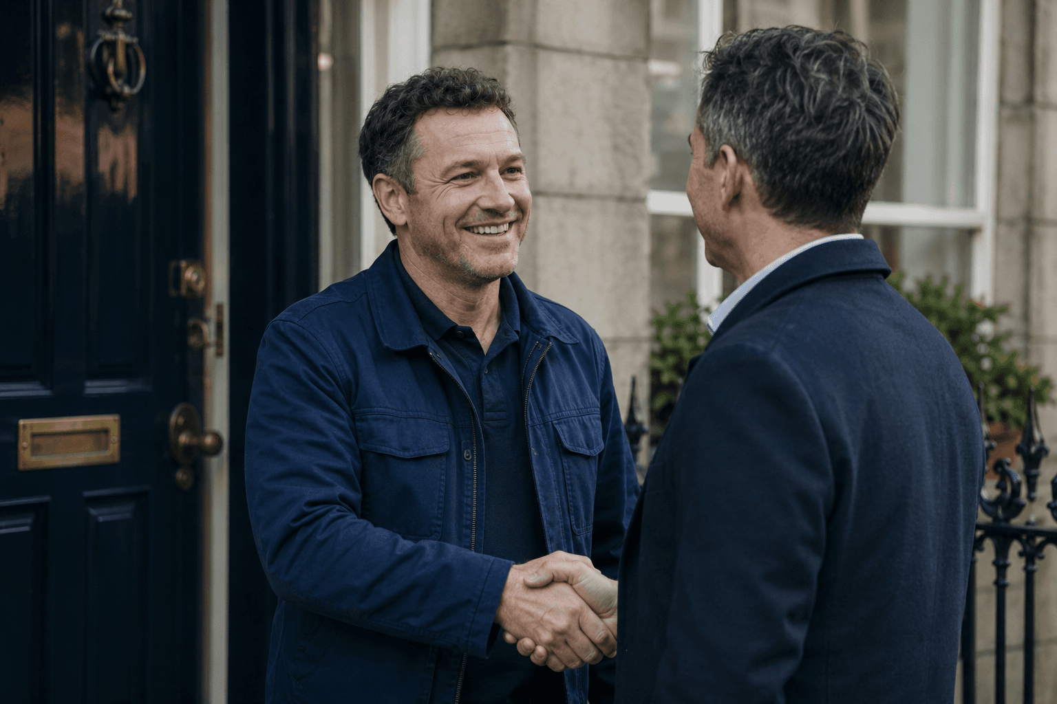 A contractor greets a customer at their home