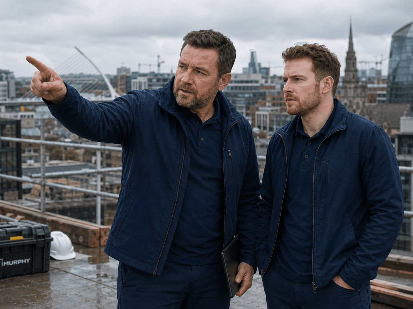 Two contractors review work on a rooftop