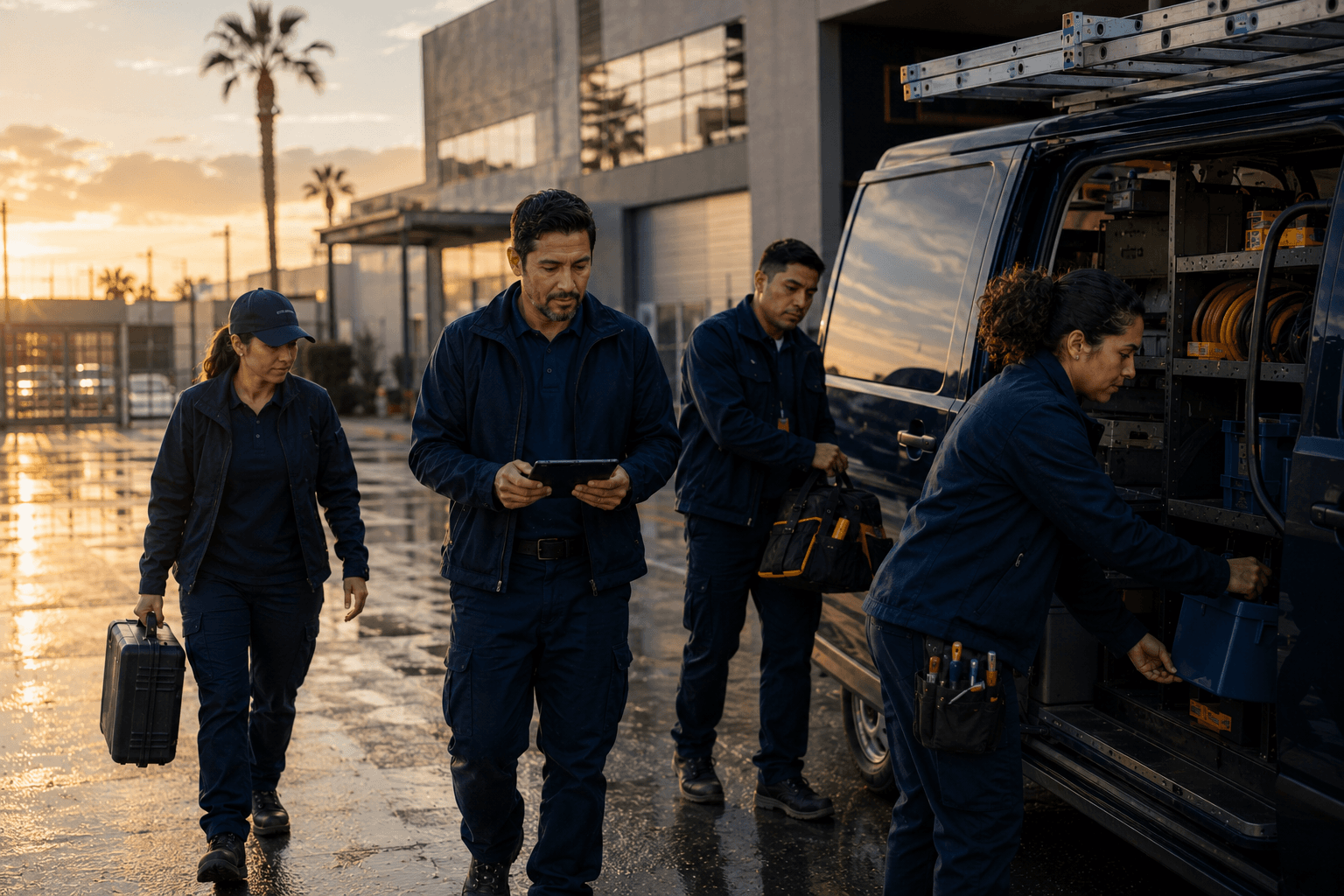 Un equipo de contratistas prepara las herramientas junto a un vehículo de servicio al amanecer