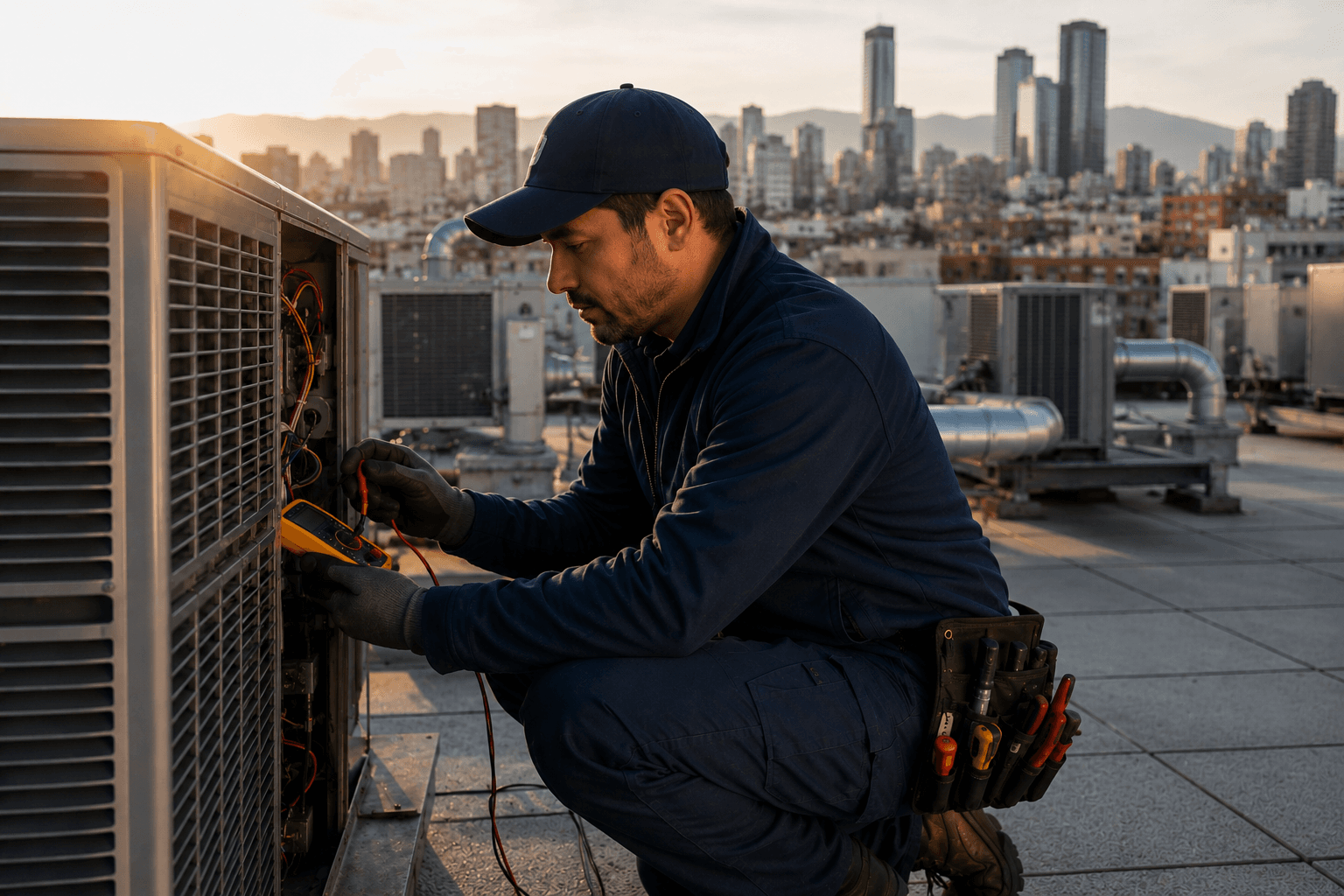 Un técnico de climatización revisa una unidad de aire acondicionado en una azotea