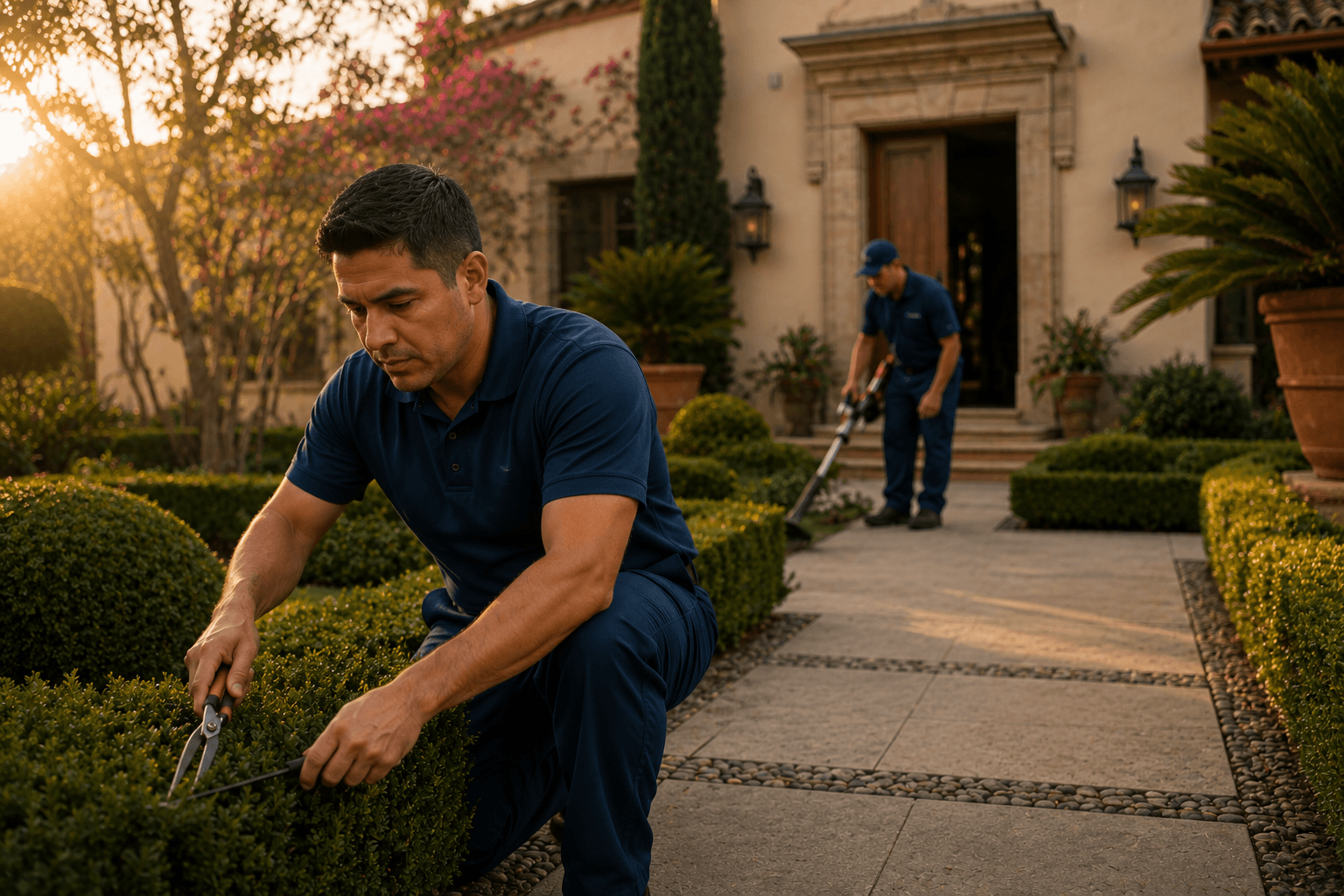 Dos jardineros podan setos frente a una vivienda