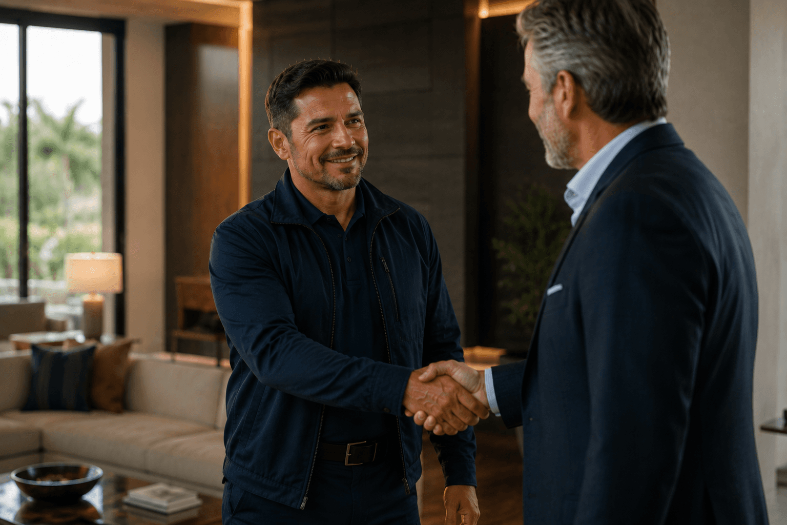 Un contratista saluda a un cliente en su vivienda