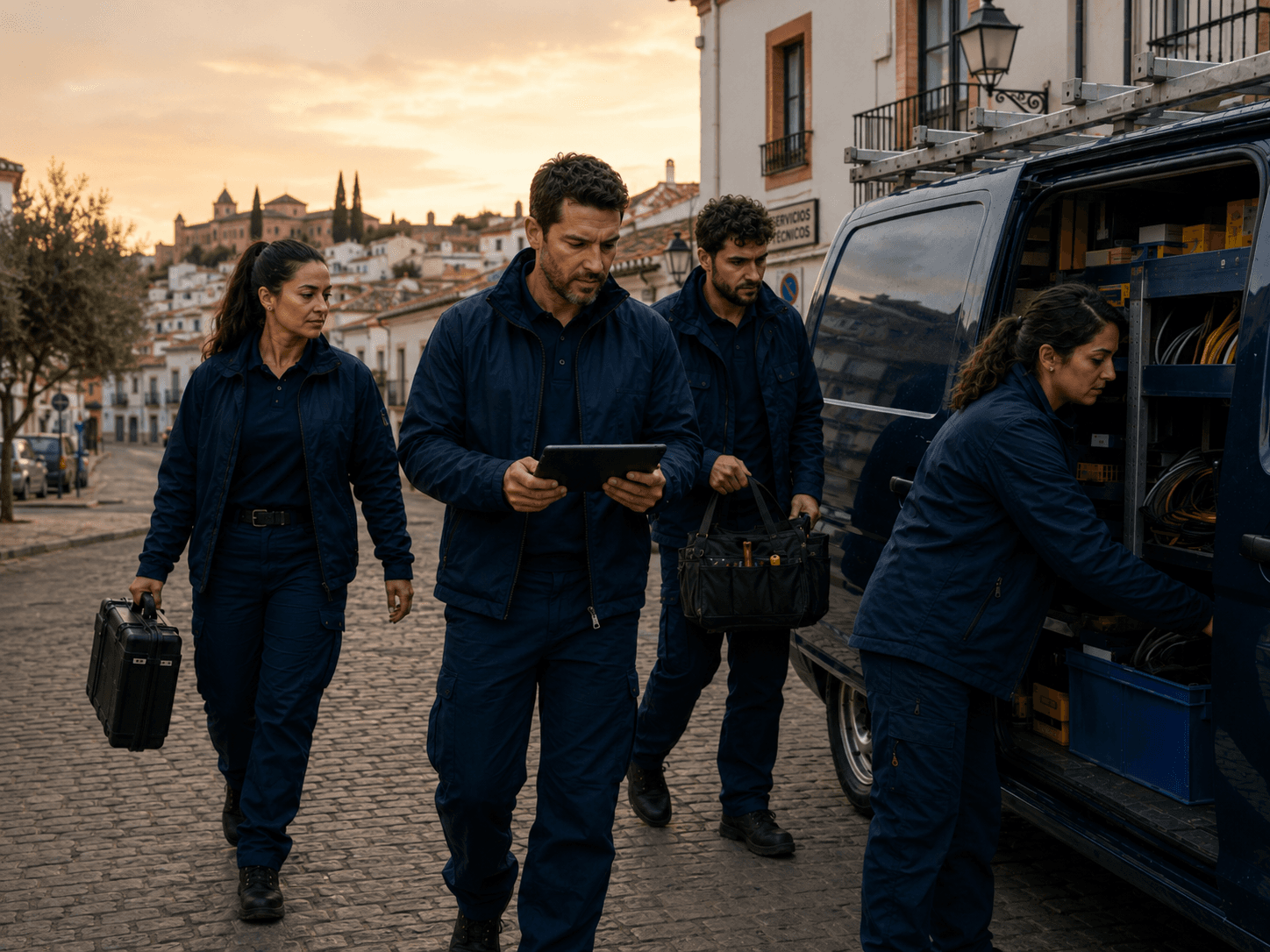Un equipo de contratistas prepara las herramientas junto a un vehículo de servicio al amanecer
