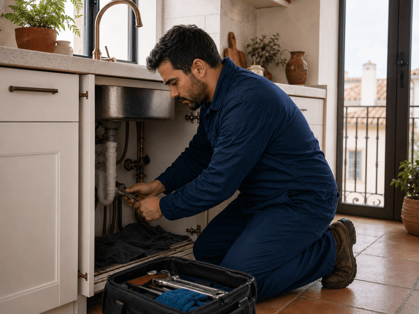 Un fontanero repara las tuberías debajo del fregadero de una cocina