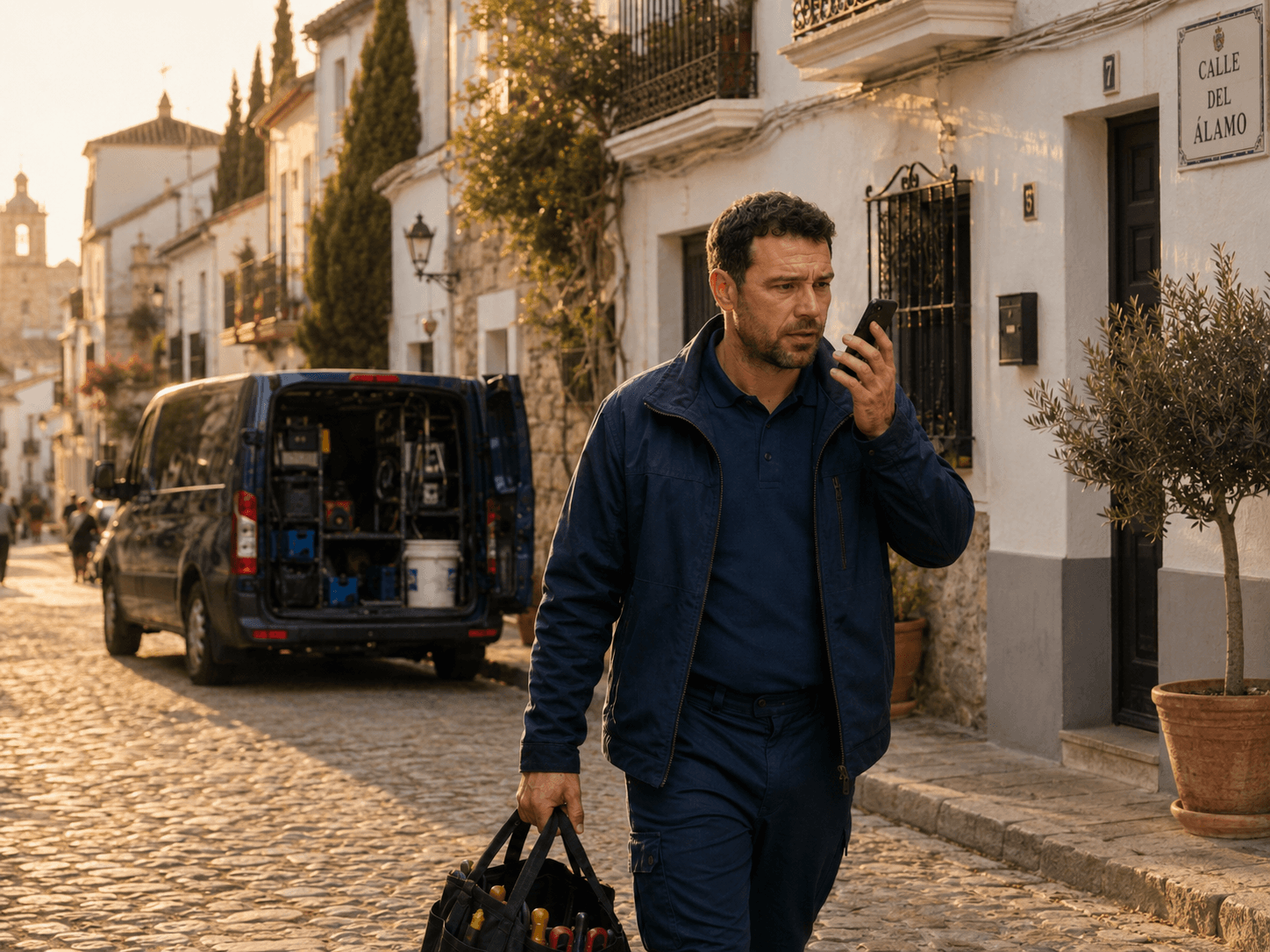 Un contratista habla por teléfono mientras lleva una bolsa de herramientas