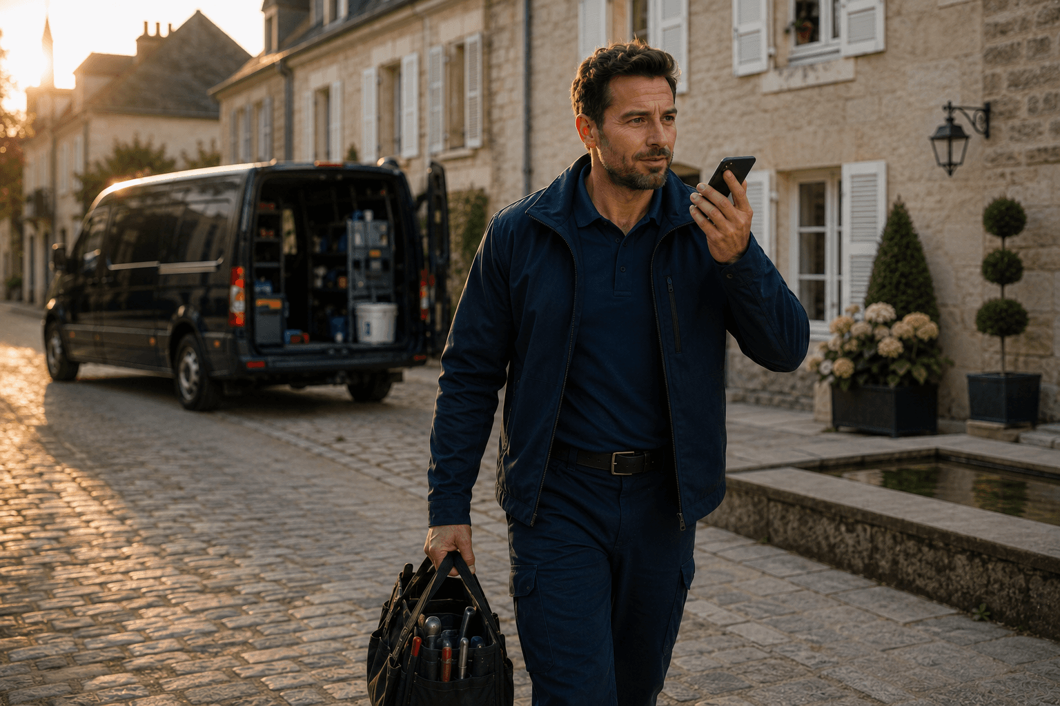 Un artisan parle au téléphone en portant un sac à outils