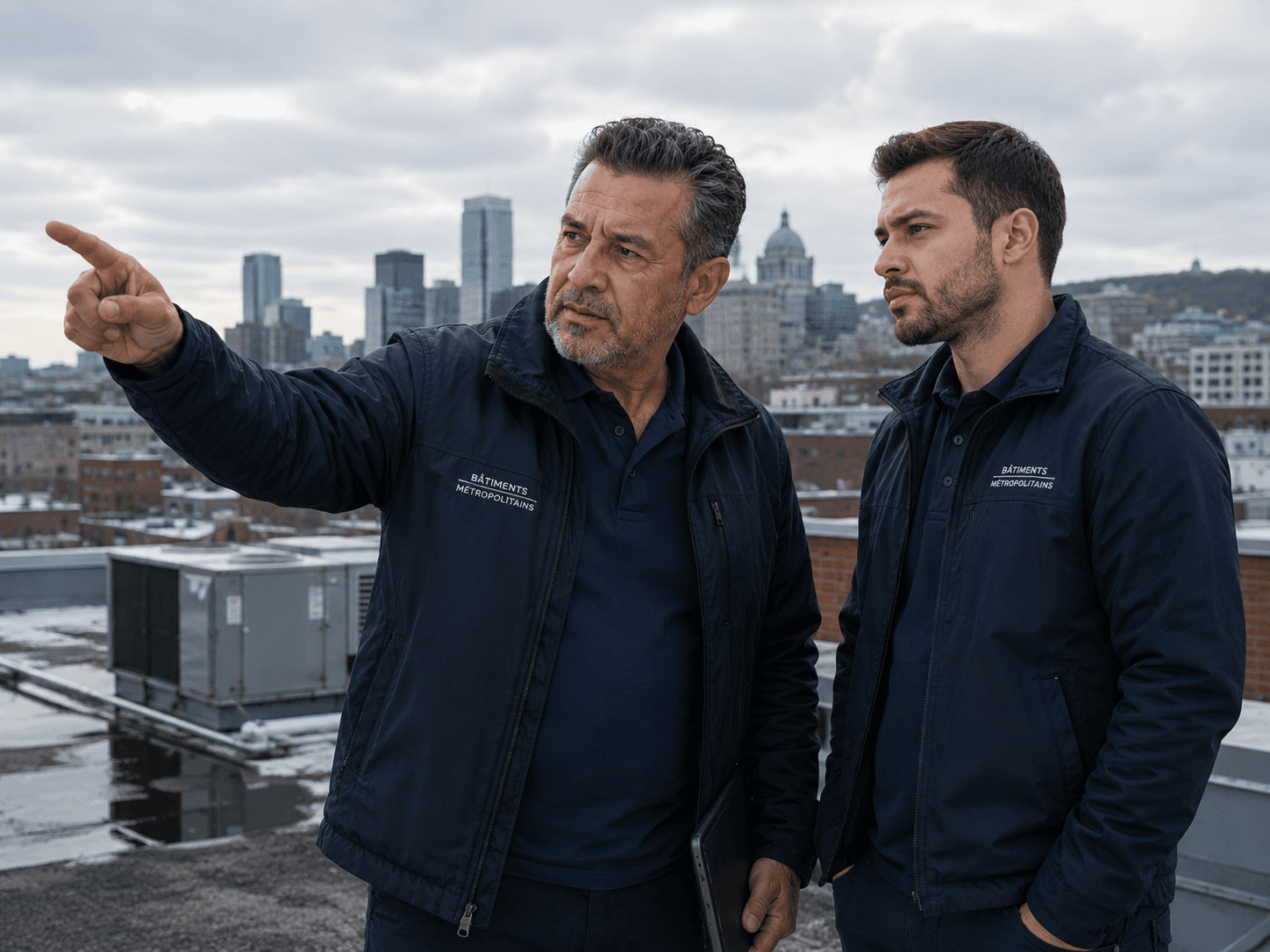 Deux artisans examinent des travaux sur un toit