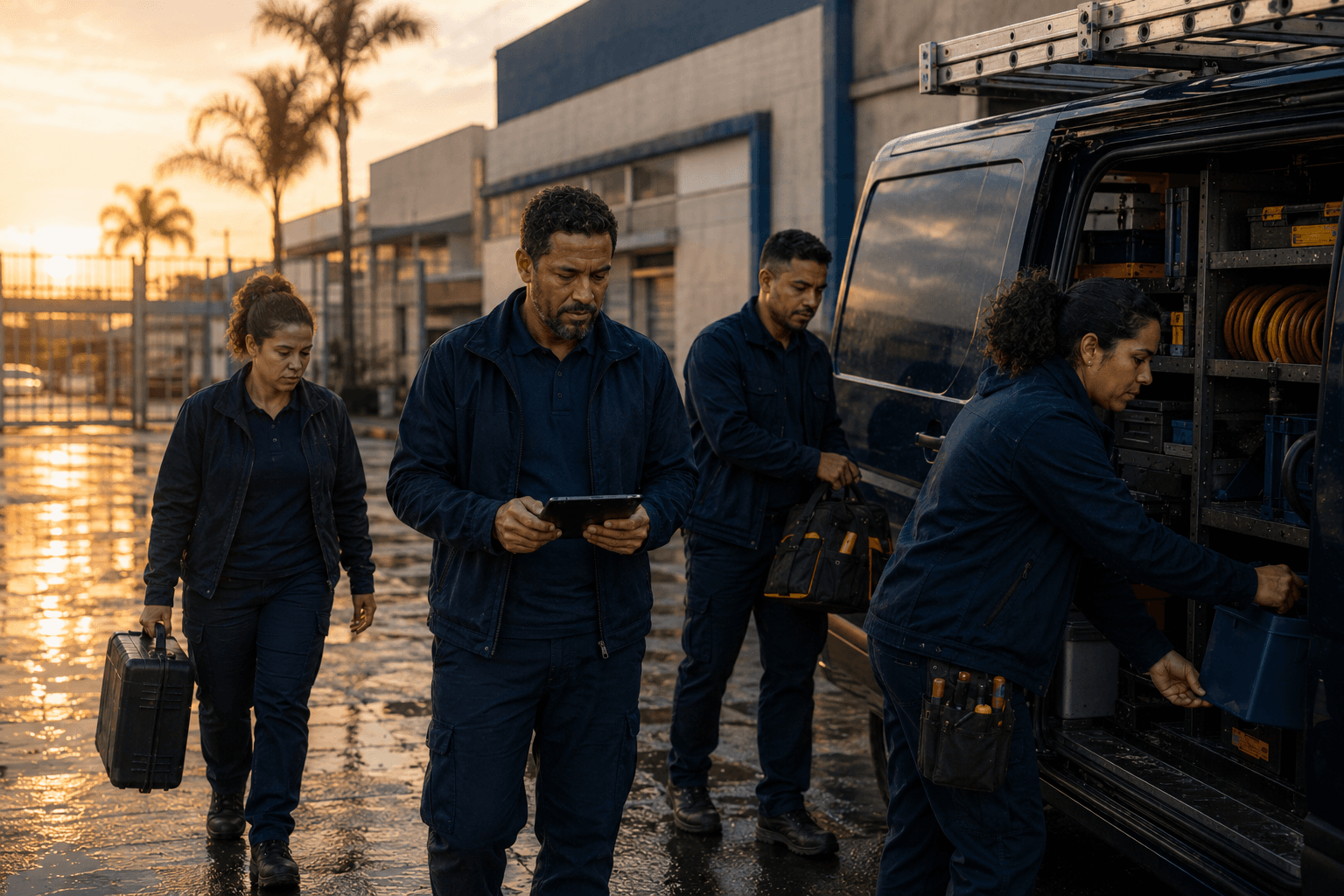 Uma equipe de prestadores prepara as ferramentas ao lado de uma van de serviço ao amanhecer