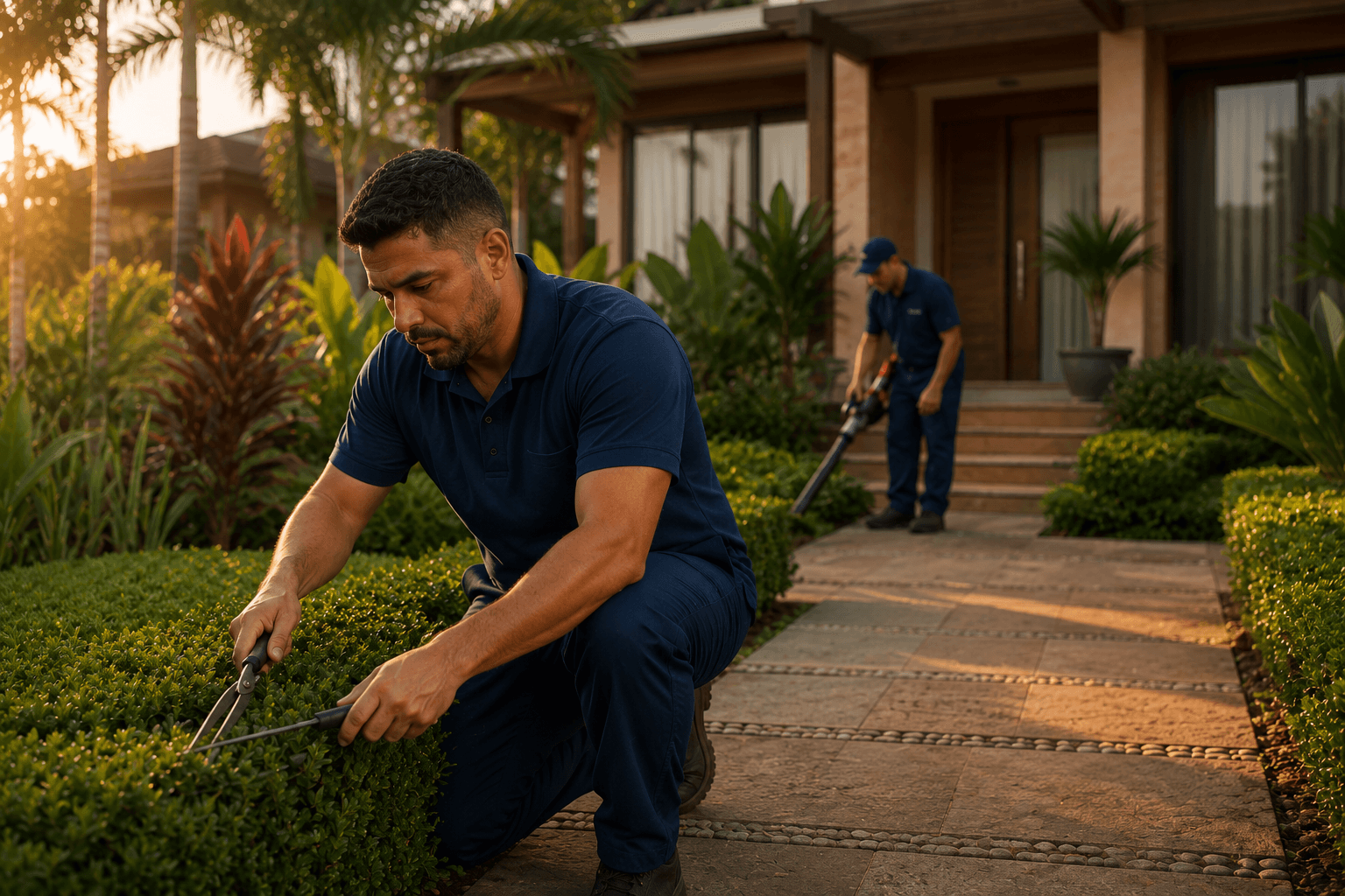 Dois jardineiros aparam cercas-vivas em frente a uma casa