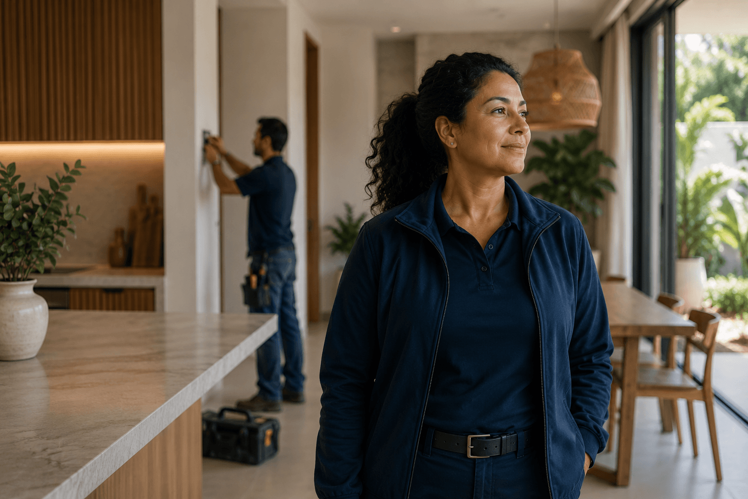 Uma equipe de prestadores trabalha na cozinha de um cliente