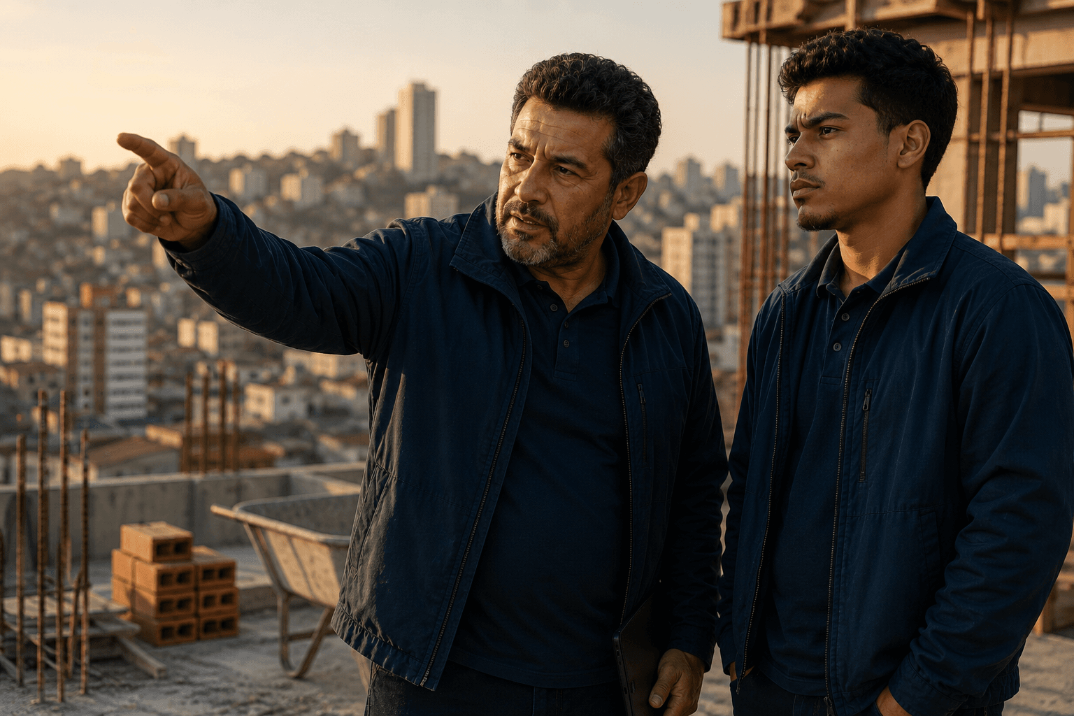 Dois prestadores avaliam um trabalho em um telhado