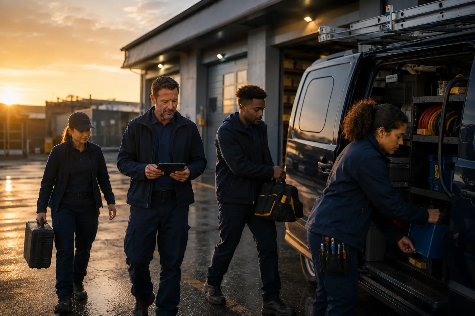 A small service team heads out to the van at sunrise, tools in hand