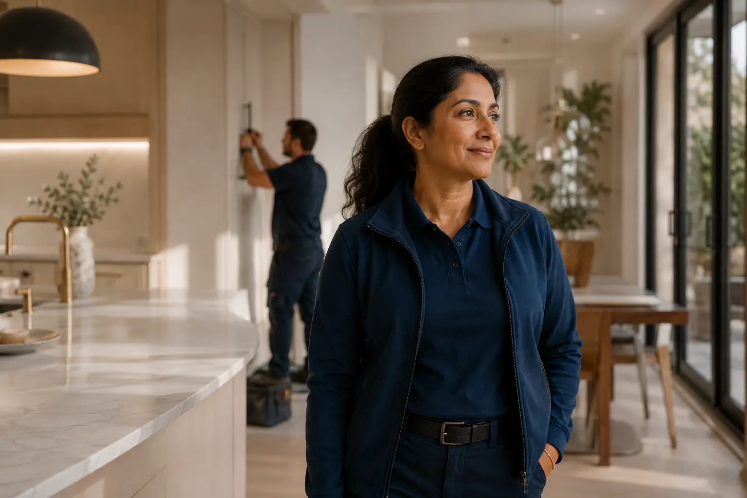A business owner checks on a job in a customer’s kitchen while a team member works behind her