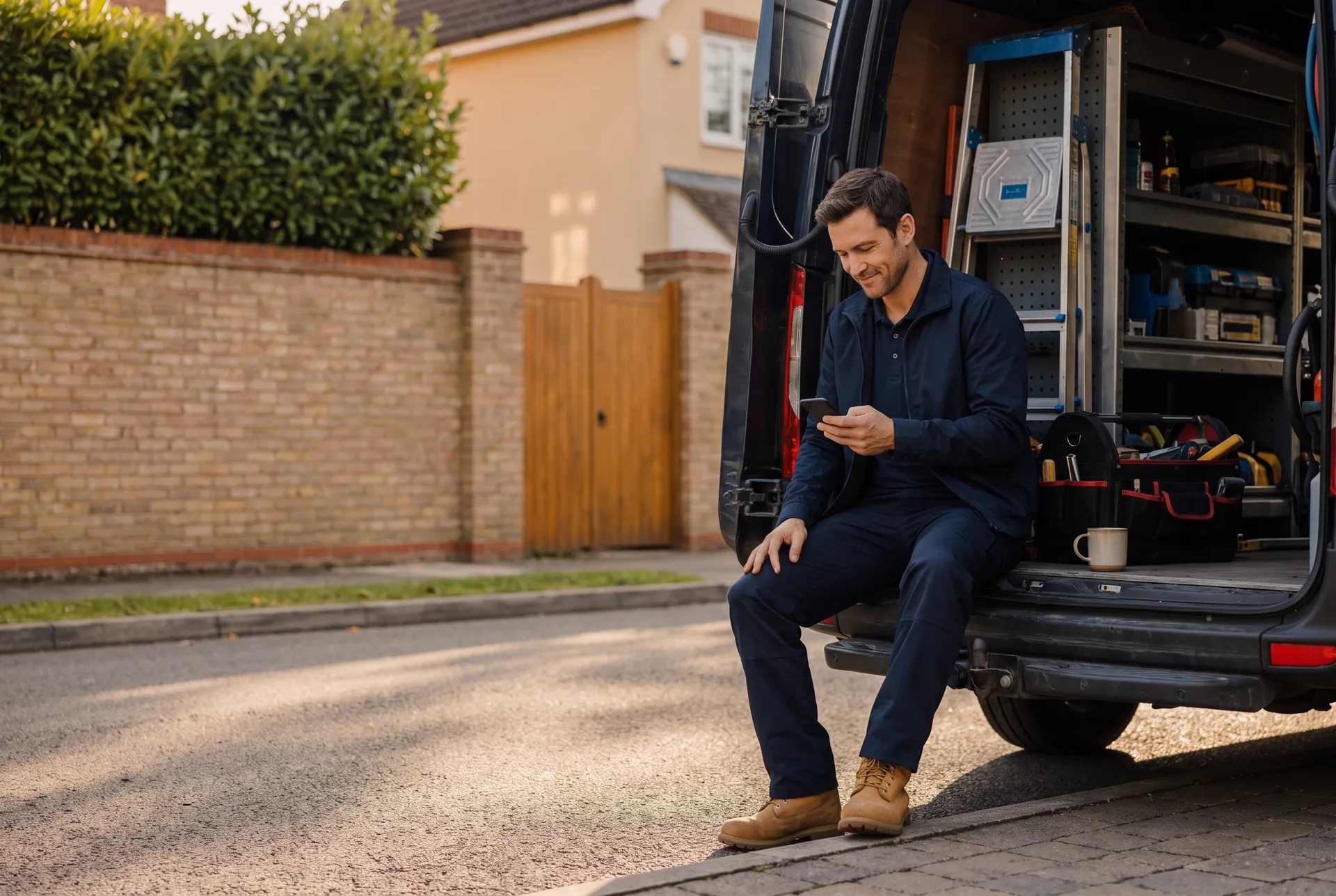 A tradesperson sits on the back step of his work van at the end of the day, reading his phone, a coffee beside him