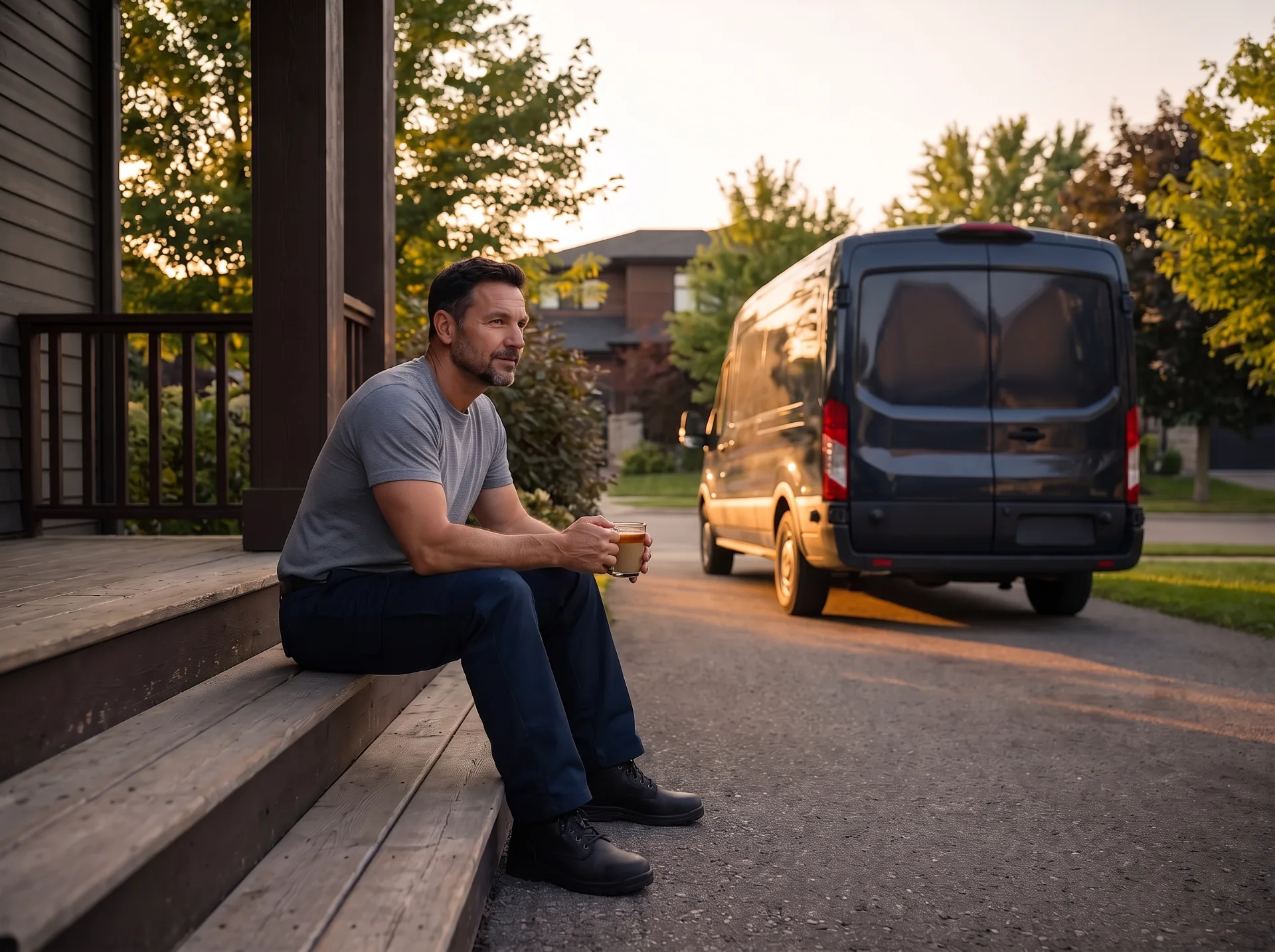 A self-employed tradesman sits on his porch steps with a mug at dusk, his van parked in the driveway