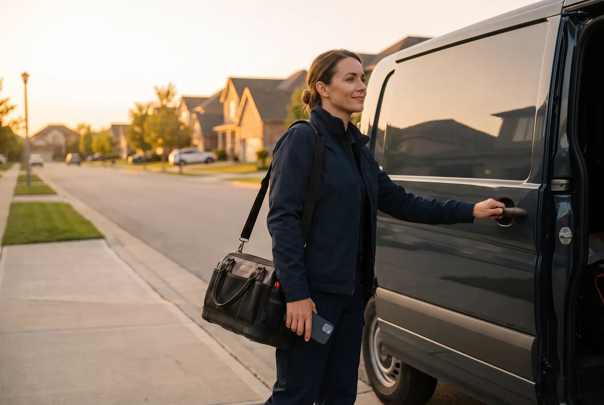 A self-employed tradeswoman closes her van door outside a customer’s house at the end of a job