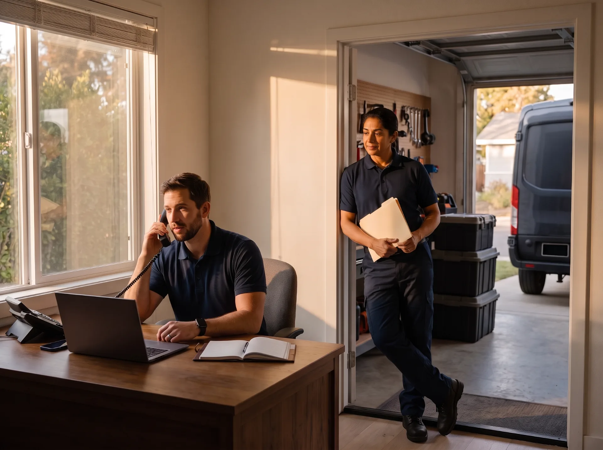 In a small company’s office, one person takes a call at the desk while a technician leans in the doorway, the workshop and van behind