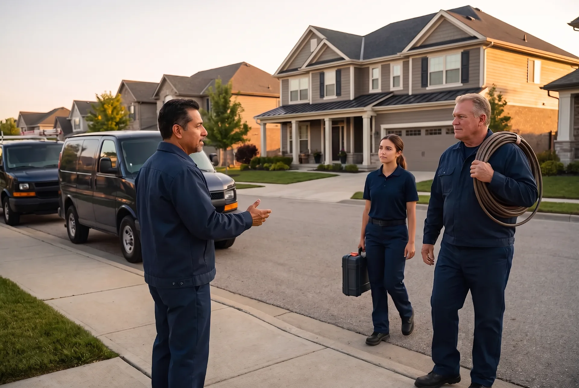 A business owner briefs two of his crew on the sidewalk outside a customer’s house before they start, their vans at the curb