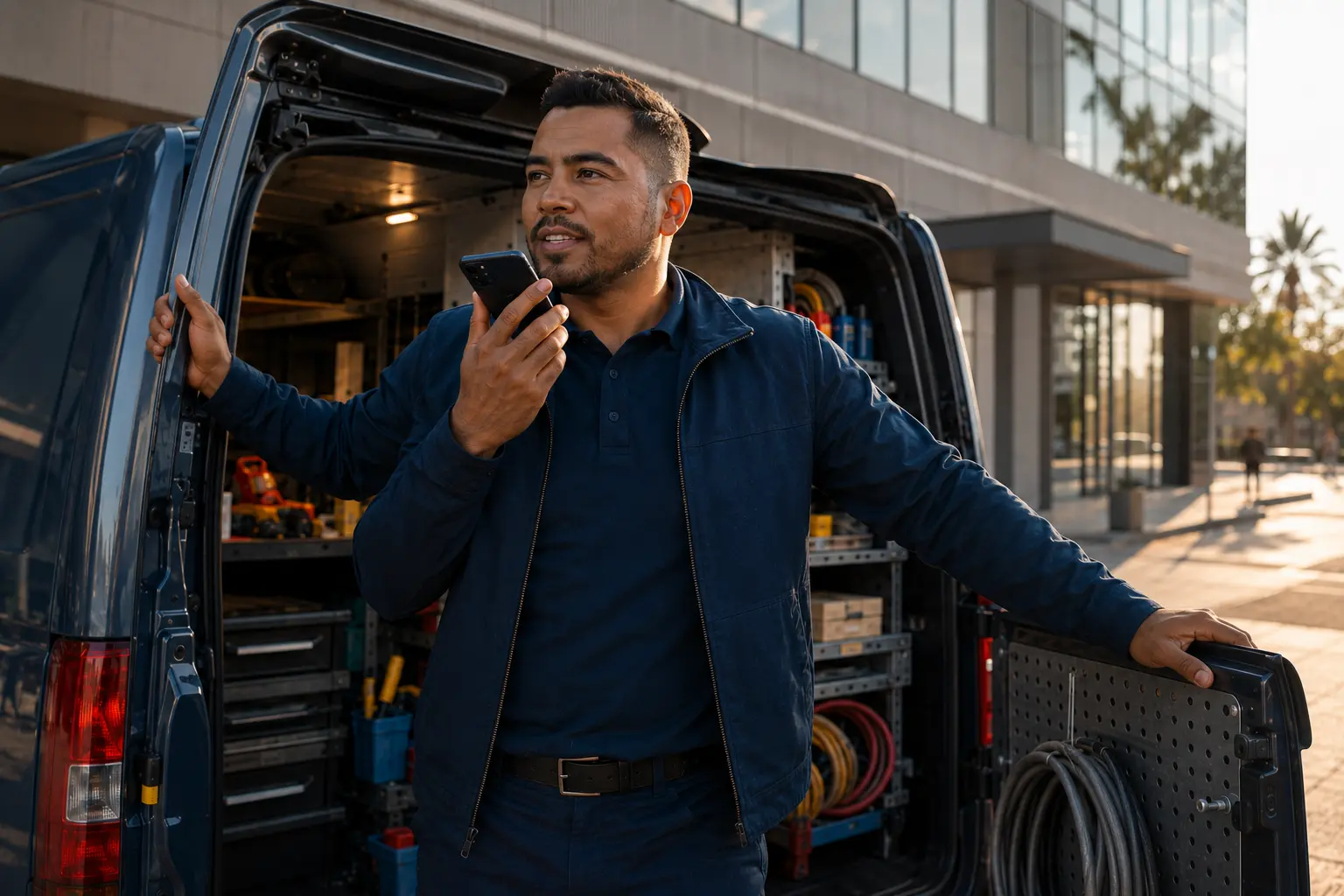 Un técnico en la parte trasera abierta de su camioneta de trabajo, hablando por teléfono