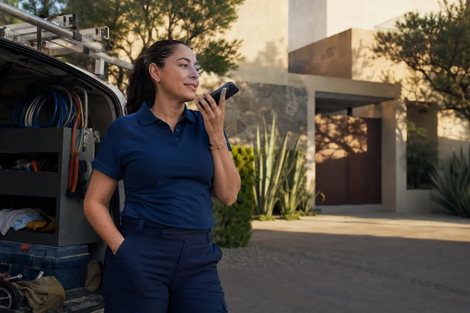 Una dueña de negocio de servicios habla por teléfono junto a su camioneta abierta, frente a la casa de un cliente